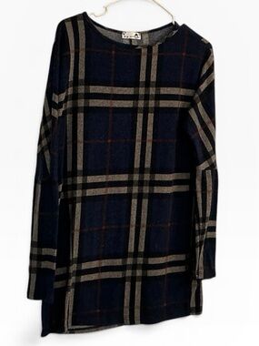 Plaid Long Sleeve Tunic Top - Navy